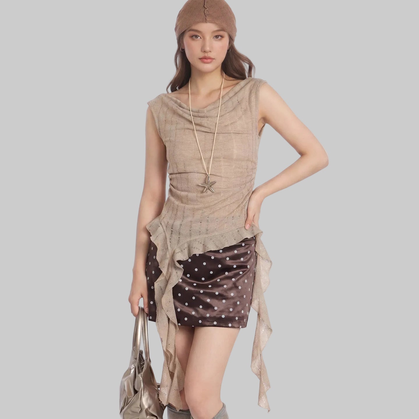 Duovia Women's Polyester Sleeveless Top with Ribbon Detail Beige Black