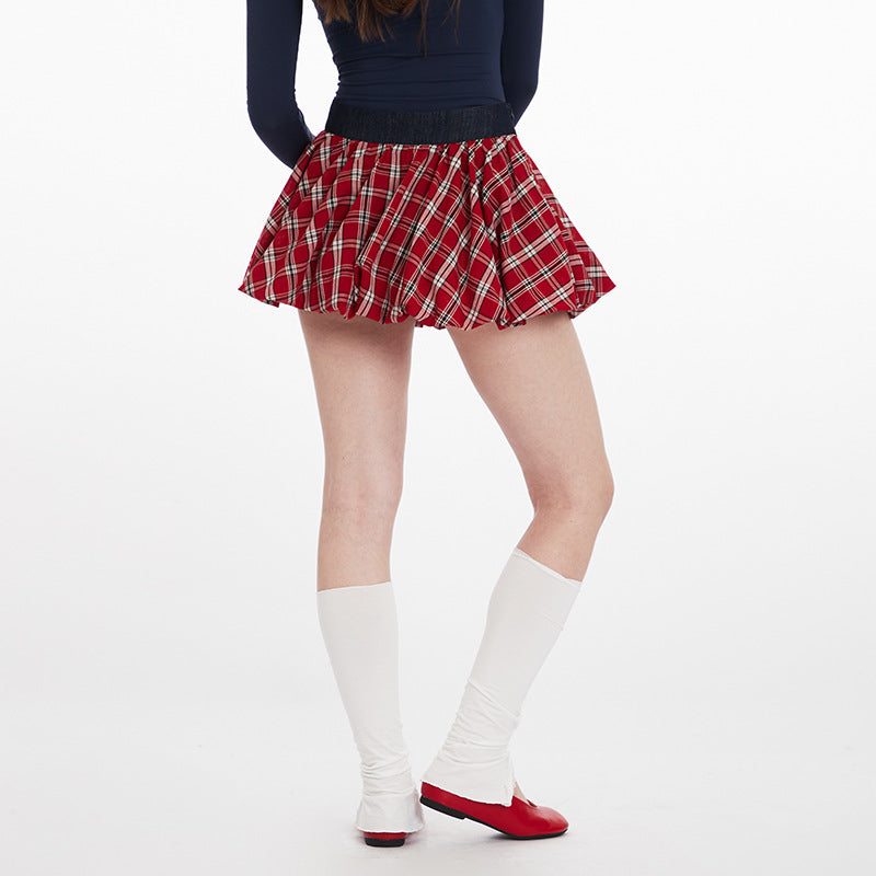 Duovia Women's Plaid Pleated Mini Skirt Red Blue