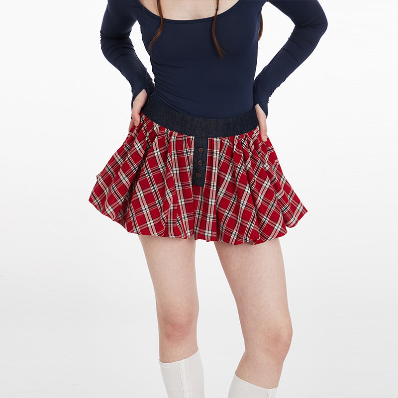 Duovia Women's Plaid Pleated Mini Skirt Red Blue