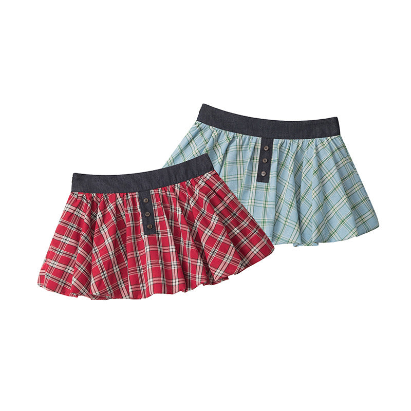 Duovia Women's Plaid Pleated Mini Skirt Red Blue