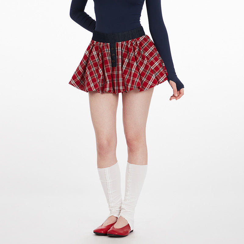 Duovia Women's Plaid Pleated Mini Skirt Red Blue