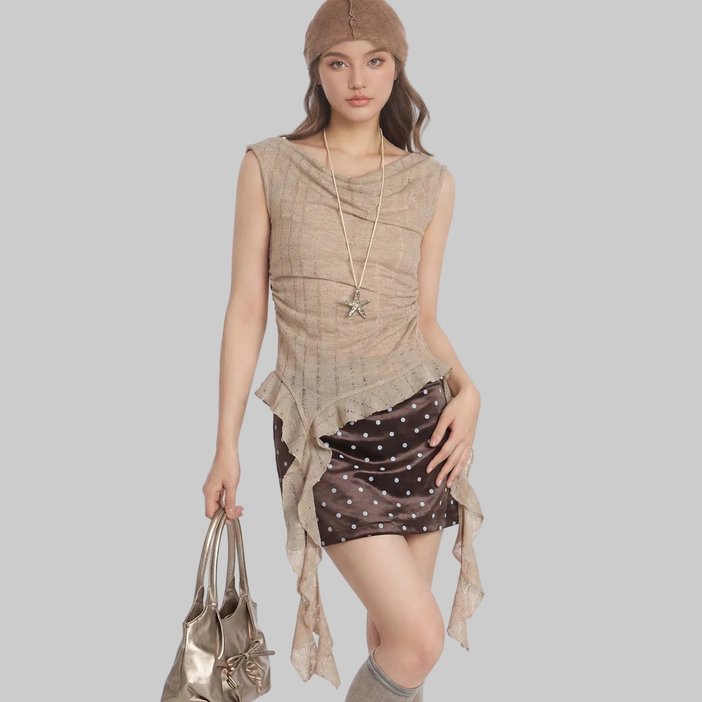 Duovia Women's Polyester Sleeveless Top with Ribbon Detail Beige Black
