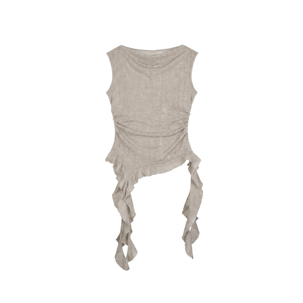 Duovia Women's Polyester Sleeveless Top with Ribbon Detail Beige Black