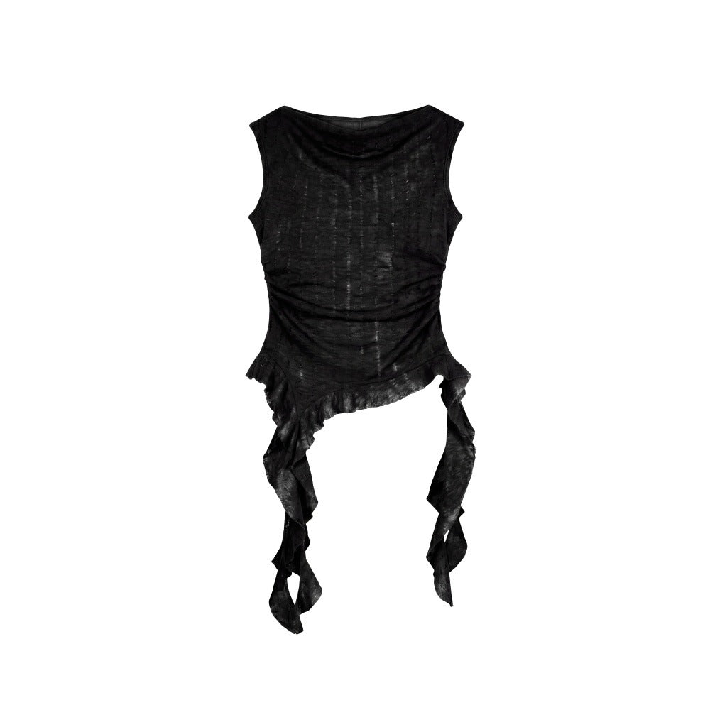 Duovia Women's Polyester Sleeveless Top with Ribbon Detail Beige Black
