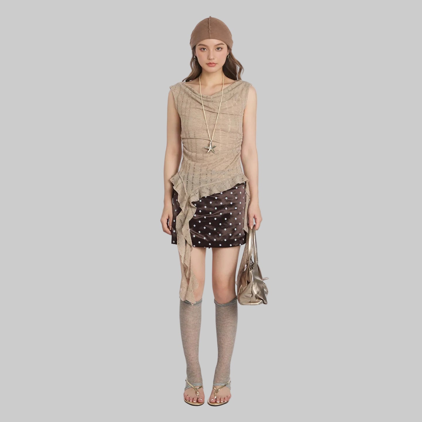 Duovia Women's Polyester Sleeveless Top with Ribbon Detail Beige Black